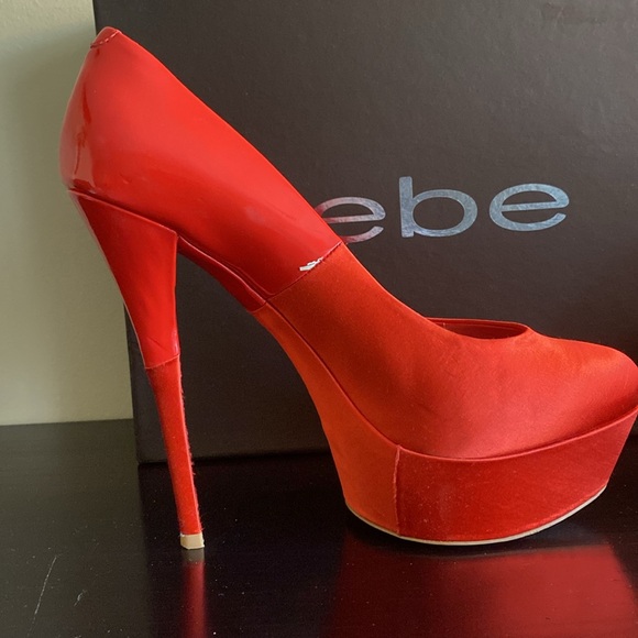 BEBE Rosario-red satin and leather high heel! 5” heel 1.5” platform - Picture 10 of 11